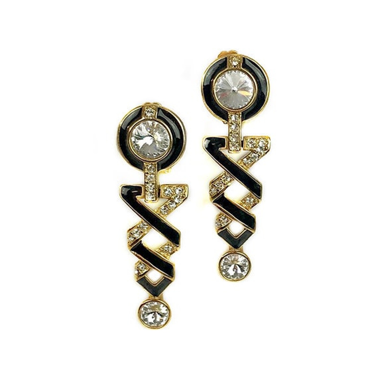 F1980s Bijoux Ny Gold Plate White Rhinestone Black Enamel Drop Clip Earrings